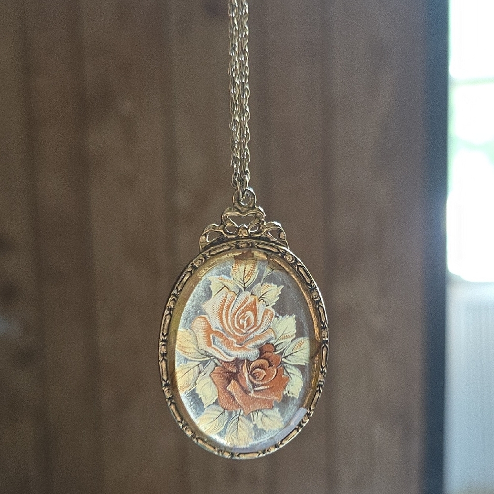 1928 Victorian Revival Transparent Roses Floral Pendant Necklace - Picture 4 of 14